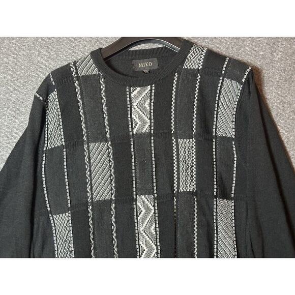 Miko Sweater Mens Large Black Wool Blend Crewneck Geometric 90s Long Sleeve Knit - Picture 4 of 6